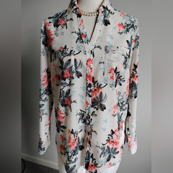 Talbots Nantucket Floral Crepe Button Up Blouse Turquoise Floral Size Lg Petite - Picture 6 of 15